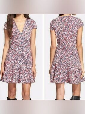 Tory Burch Coral and Navy Floral V-Neck Mini Dress